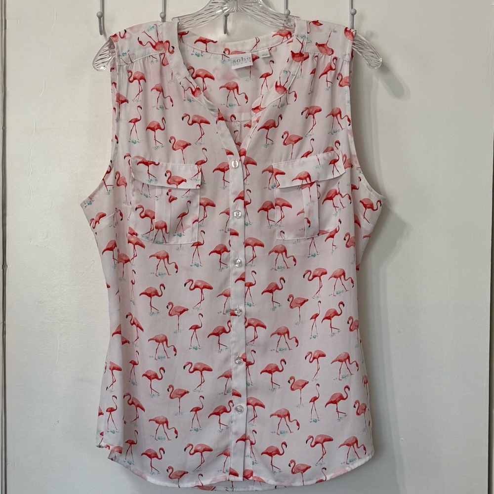 NY&CO Soho Jeans Print Sleeveless Button Down Shirt - Pink / White Sz L